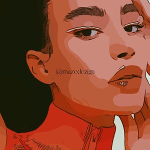 May include: A close-up of a woman's face with a red turtleneck shirt. Her eyes are closed and her lips are slightly parted. The image is in a cartoon style.