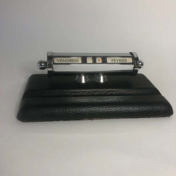 Vintage 1950s Perpetual Desk Calendar, Chrome and Leather, Made in France by Le Tanneur, French Retro Desk Calendar