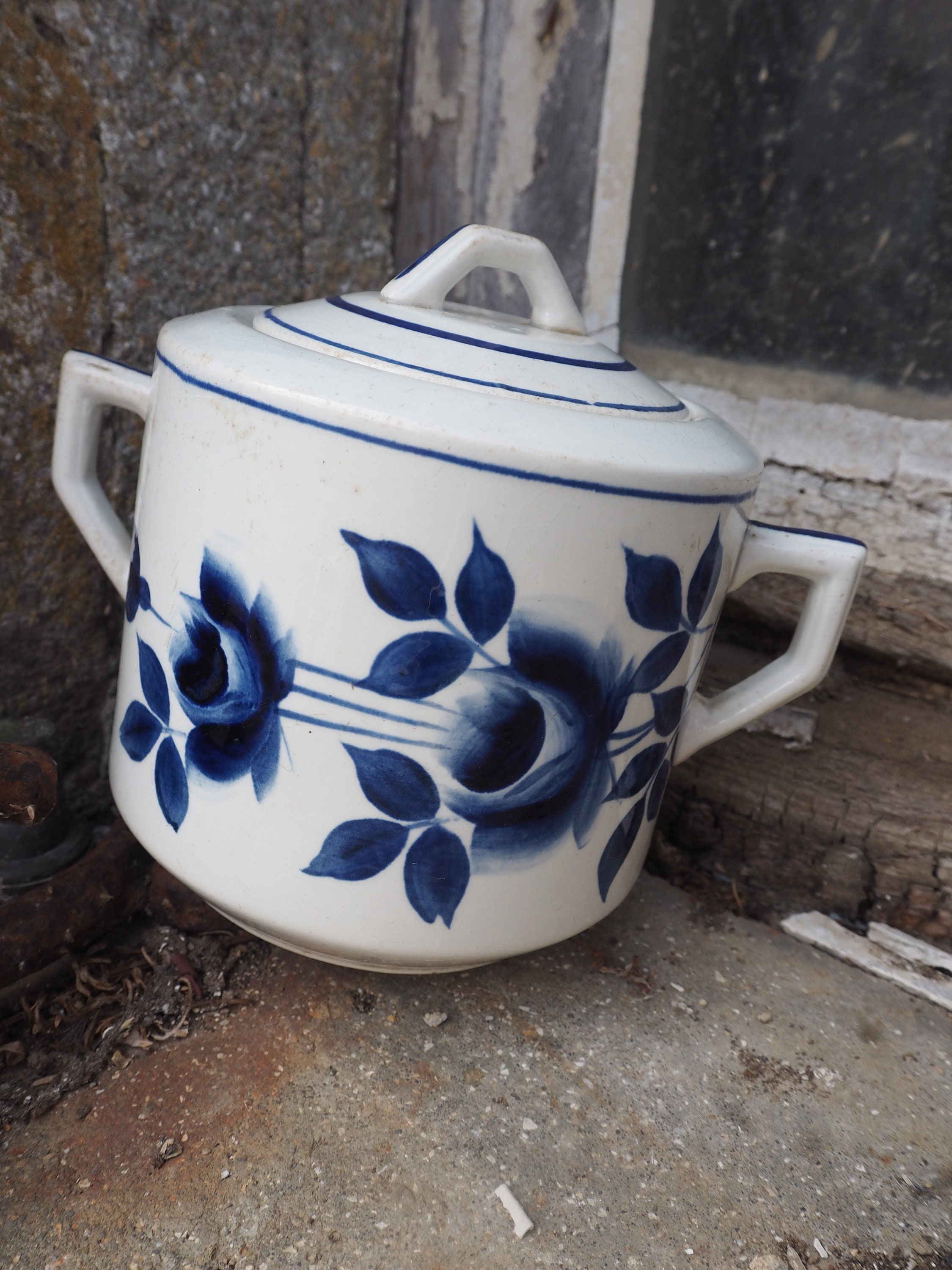 Vintage Bleu & Blanc Moulin Des Loups et Pot Hommage, Stoneware Kitchen Canister