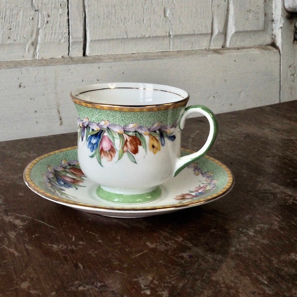 Vintage Aynsley Teacup and Saucer, Bone China, Made in England, Porcelain Green and Gold design with Crocus flower pattern, 1960s