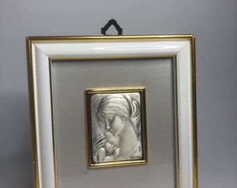 Vintage French Madonna and child relief in Silver 925 framed in white gold frame