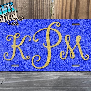 Personalized Glitter Car Tag - Styled Monogram License Plate w Initials & Custom Background - Sparkly Design Your Own Front Car Tag Choices