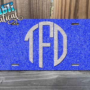 Personalized Glitter Car Tag - Round Monogram License Plate w Initials & Custom Background - Sparkly Design Your Own Front Car Tag Choices