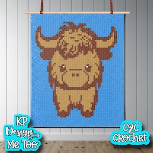 May include: A crochet wall hanging featuring a pixelated yak design in shades of brown and tan against a blue background. The artwork is displayed on a wooden rod with leather straps. The text "KP Design Me Too" and "C2C Crochet" are visible.