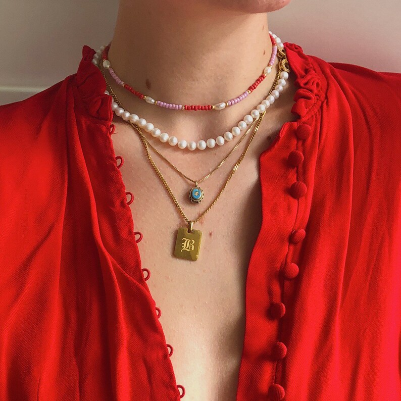 Mixed beads necklace Real pearl and pink and re beads necklace Beaded freshwater pearl choker Freshwater pearl and seed beads necklace