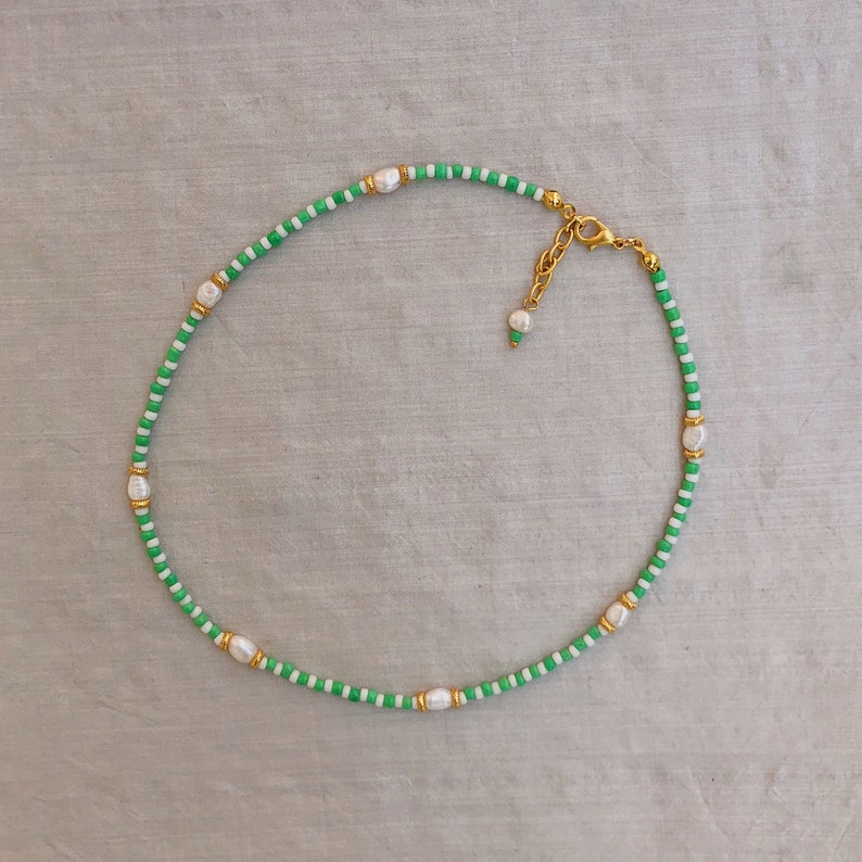 Green Beaded Necklace Fresh Water Pearl Necklace Y2k Etsy