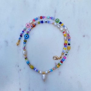 Multicoloured beaded necklace - colourful summer necklace - seed bead pendant necklace - pearl necklace - evil eye necklace