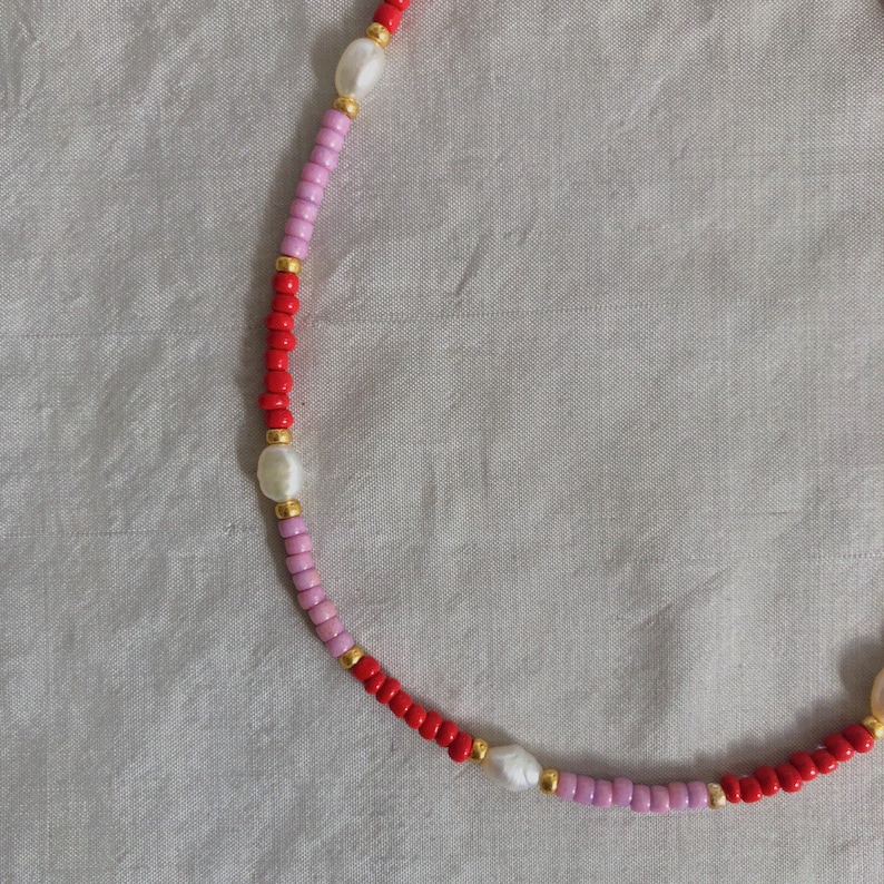 Mixed beads necklace Real pearl and pink and re beads necklace Beaded freshwater pearl choker Freshwater pearl and seed beads necklace