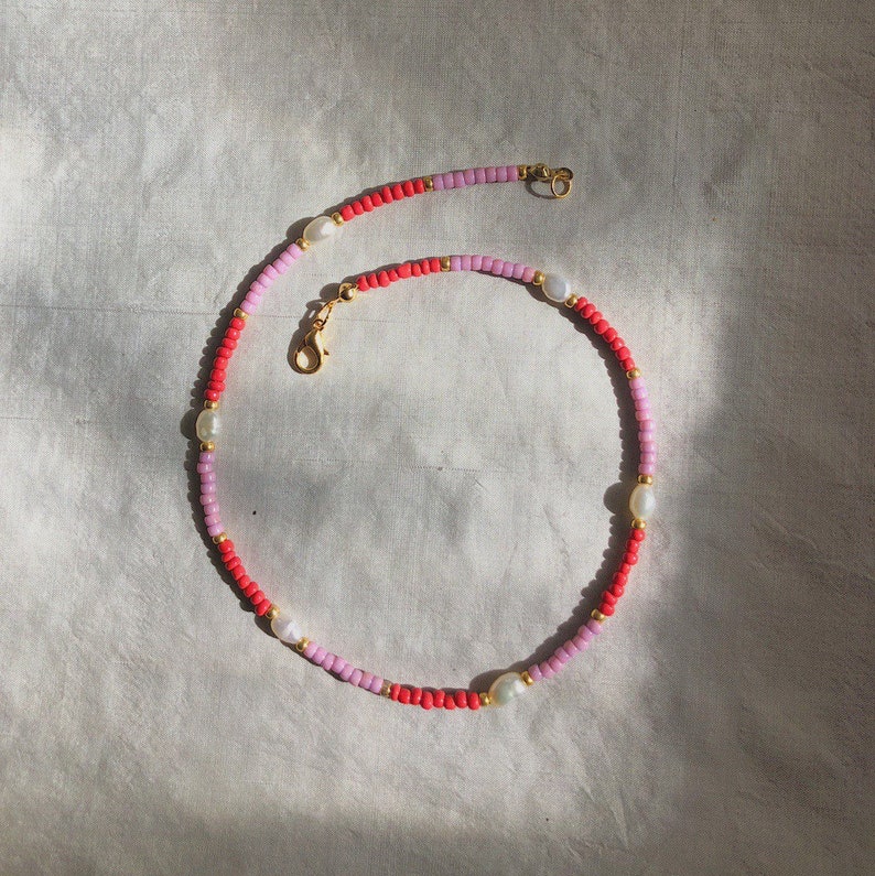 Mixed beads necklace Real pearl and pink and re beads necklace Beaded freshwater pearl choker Freshwater pearl and seed beads necklace