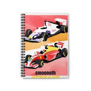 May include: A spiral bound notebook with a colorful illustration of two race cars on a pink and orange background. The text "smoooth OPERAOR" is printed in yellow at the bottom of the notebook.