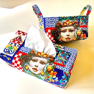 Tissue box cover Dark Brown Sicily Fabric basket with handles Towel holder Sicilian majolica Diapers Handmade in Sicily