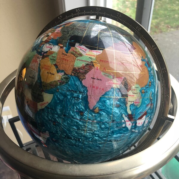 Vintage GEMSTONES Revolving World Globe 13" Tall Blue Lapis With Multiple Genuine Gemstones