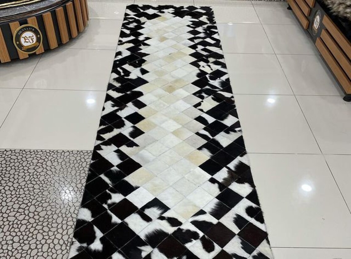 White and Black Handmade Cowhide Runner Carpet Patchwork Etsy
