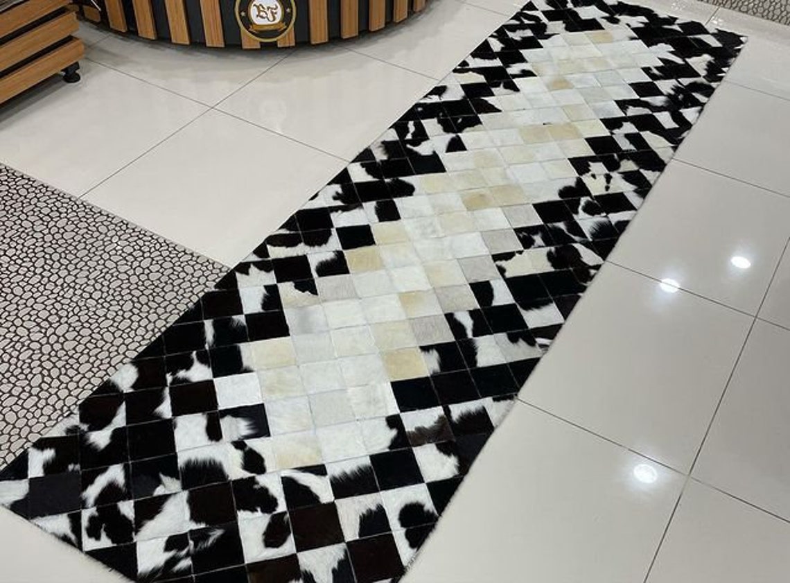 White and Black Handmade Cowhide Runner Carpet Patchwork Etsy