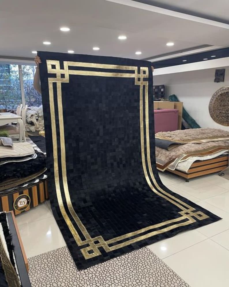 Black and Gold Cowhide Patchwork Rugs Handmade Rug Cowhide Etsy