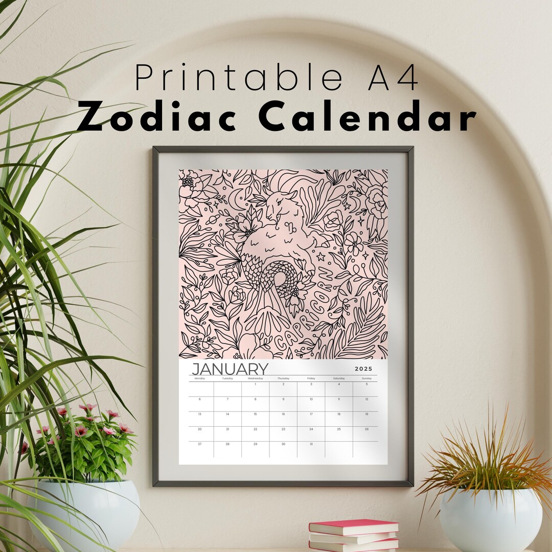 2025 Zodiac Printable Calendar | Dust Pink, Astrology, A4 Portrait ...