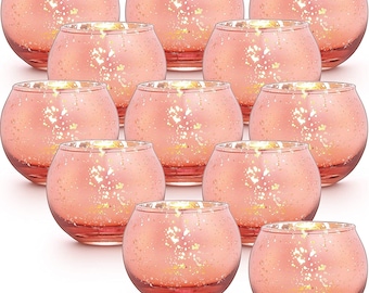 Wedding Decoration Set of 12 Mercury Glass Tealight Candle Holders Bulk with Speckled for Table Centerpiece SHMILMH Round Rose Gold Votive Candle Holders Party and Home D/écor