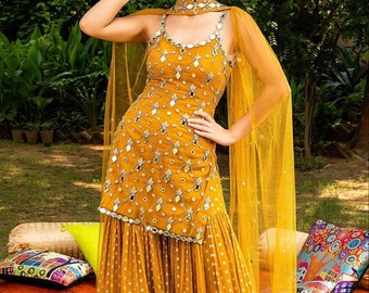 Yellow Designer Sharara Suits,Bollywood Trendy thread Work Sharara,Celebtity Inspire Plazzo Suits Indian Party Wear Dress,Bridesmaids dress