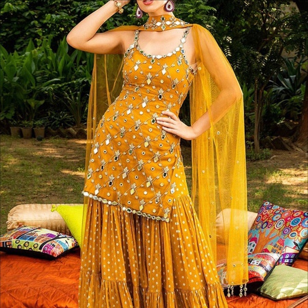 Abiti gialli firmati Sharara, Bollywood filo alla moda lavoro Sharara, Celebtity Inspire Plazzo Suits Indian Party Wear Dress, abito damigelle d'onore