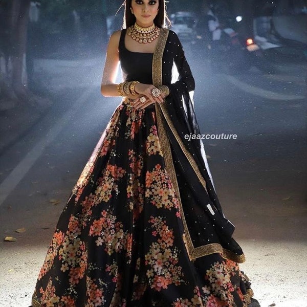 Black Designer lehenga choli for women party wear Bollywood lengha sari,Indian wedding wear Printed custom stitched lehenga with dupatta
