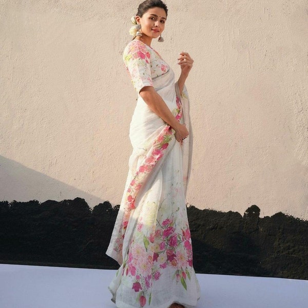 Alia bhatt linen print  saree bollywood inspired saree saree for women / girls indian sari party wear sari,wedding sareewomen clothing