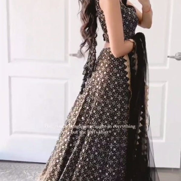 Black Designer lehenga choli for women party wear Bollywood lengha sari,Indian wedding wear embroidery custom stitched lehenga with dupatta