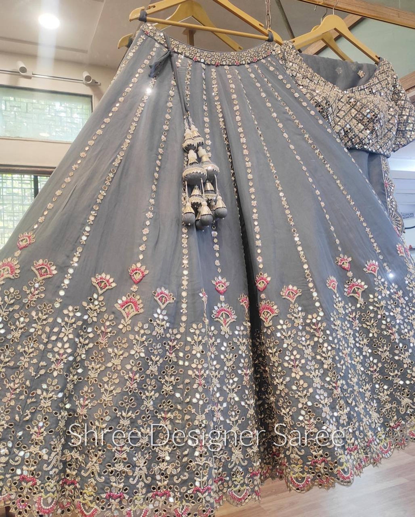 French Grey Lehenga style Choli Semi-Stitched Designer Lehenga Choli