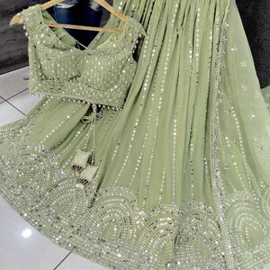 Designer Olive Green Georgette Lehenga Choli With Georgette Material And Georgette Blouse With Net Dupatta For Women , Bridesmaid Lehenga