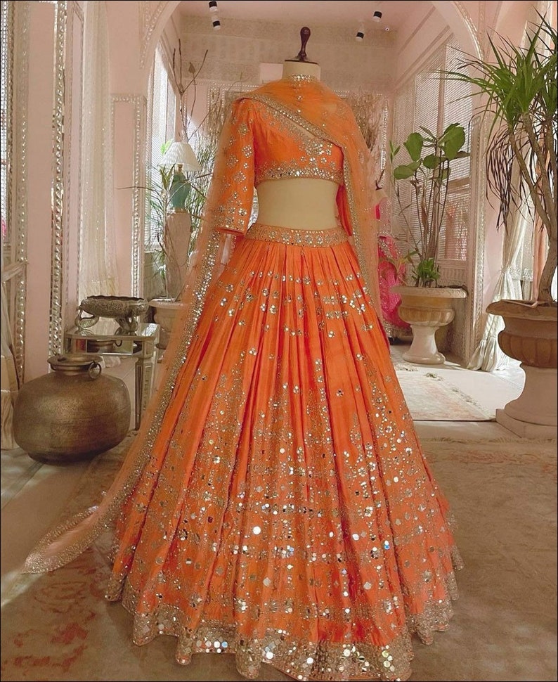 Orange Sabyasachi Designer Lehenga Choli With Foil Mirror Work Etsy