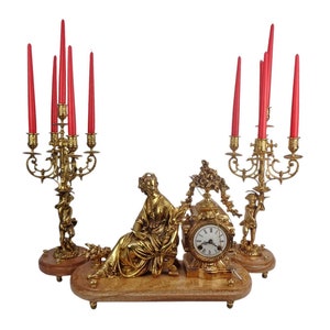 Antique Brass Mantle Clock and Candle Holders Set, Fireplace Mantle Clock Set, Mantel Table Clock With Stone Base and Candlesticks