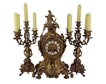 Conjunto de reloj de manto de latón antiguo y portavelas, conjunto de reloj de manto de chimenea, reloj de mesa de repisa con candelabros