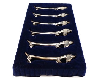 Ensemble de 6 porte-couteaux en métal argenté avec boîte d'origine, décoration de table France, porte-couteaux en métal argenté en forme de chien, lot de 6 France