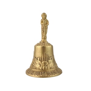 Antique Cast Brass Temple Bell, Solid Brass Hand Bell With Cross