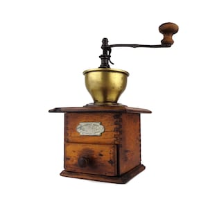 Vintage houten koffiemolen, houten koffiemolen, Garantirt PRIMA koffiemolen