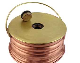 Antieke koperen bedwarmer met messing deksel en handvat, koperen voetenwarmer