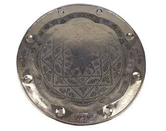 Antique Brass Tray with Coating of Melchior, Handmade Brass Tray, Large Engraved Brass Tray