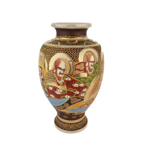 Jarrón de cerámica japonés antiguo, jarrón japonés Satsuma, jarrón estilo Satsuma japonés, decoración japonesa