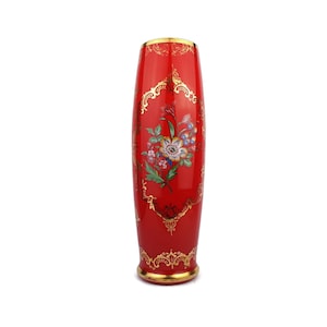 Antique Red Glass Vase, Vintage Glass Vase, Handpainted Glass Vase