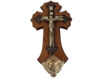 Antique Crucifix With Holy Water Font, Jesus Cross Crucifix Holy Water Font, Wall Holy Water Font With Crucifix