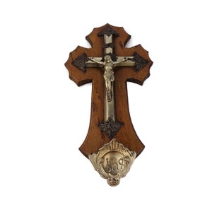 Antique Crucifix With Holy Water Font, Jesus Cross Crucifix Holy Water Font, Wall Holy Water Font With Crucifix