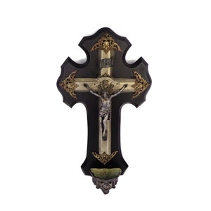 Antique Crucifix With Holy Water Font, Jesus Cross Crucifix Holy Water Font, Wall Holy Water Font With Crucifix