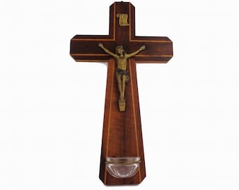 Antique Crucifix With Holy Water Font, Jesus Cross Crucifix Holy Water Font, Wall Holy Water Font With Crucifix