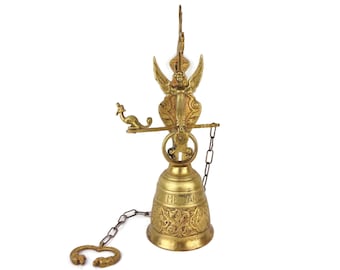 Antique Brass Door Knocker, Large Brass Door Bell, Cherub Door Knocker With Chain
