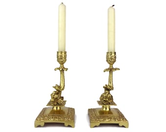 Set portacandele in ottone antico, coppia di candelieri in ottone con pesce