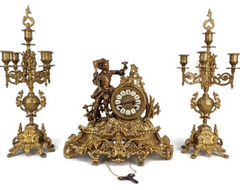 Antique Brass Mantel Clock and Candle Holders Set, Mantel Clock and Candle Holders Set, Mantel Table Clock With Candlesticks