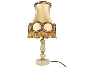 Antique Table Lamp With Beige Shade, Vintage Table Lamp With Stone Base