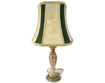 Antique Table Lamp With Green Beige Shade, Vintage Table LampWith Stone Base