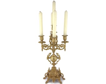 Antique Brass Candle Holder, Large Brass Candelabra 5 Candles, Vintage Brass Candlestick