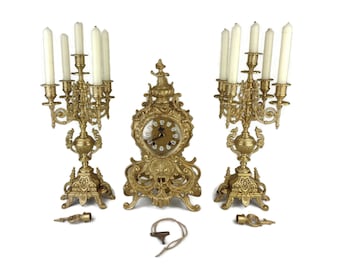 Antique Brass Mantle Clock and Candle Holders Set, Fireplace Mantle Clock, Mantle Table Clock With Candlesticks