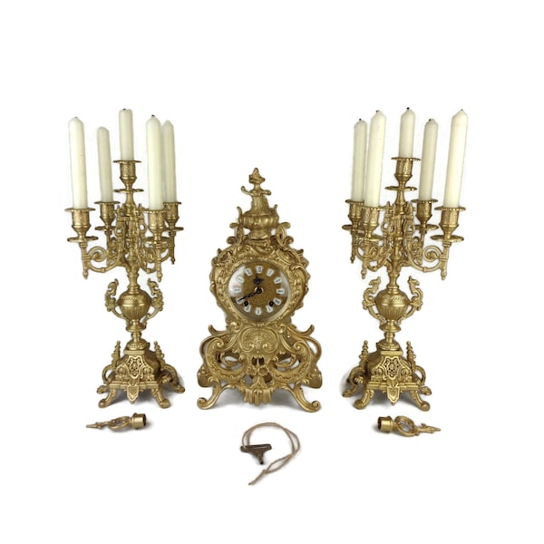 Antique Brass Mantle Clock and Candle Holders Set, Fireplace Mantle Clock, Mantle Table Clock With Candlesticks